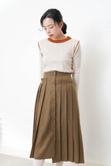 Brown 2 ways wool pleats skirt with buttons