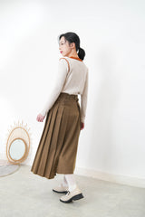 Brown 2 ways wool pleats skirt with buttons