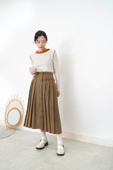 Brown 2 ways wool pleats skirt with buttons