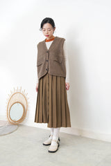 Brown 2 ways wool pleats skirt with buttons