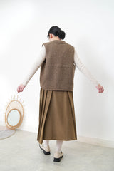 Brown 2 ways wool pleats skirt with buttons