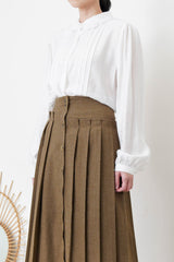 Brown 2 ways wool pleats skirt with buttons
