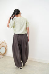 Avocado green linen top w/ elastic hem