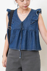 Navy blue denim vest w/ ruffle shoulders