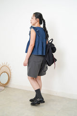 Navy blue denim vest w/ ruffle shoulders