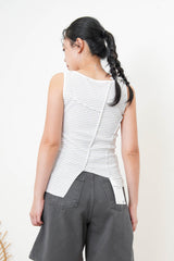 White stripes asymmetric vest w/ tie knot shoulder