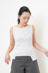 White stripes asymmetric vest w/ tie knot shoulder