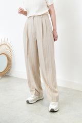 Beige tone stripes high waist trousers