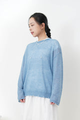 10% wool blue loose cut swaeater in ripped fringe