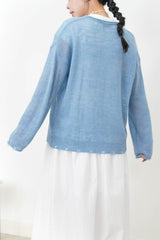10% wool blue loose cut swaeater in ripped fringe