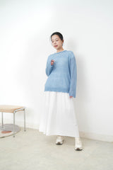 10% wool blue loose cut swaeater in ripped fringe