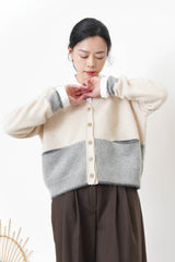Brown patchwork cardigan w/ contrast pockets