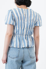 Blue stripes balloon sleeves blouse
