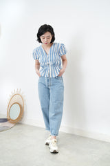 Blue stripes balloon sleeves blouse