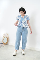 Blue stripes balloon sleeves blouse