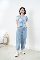 Blue stripes balloon sleeves blouse