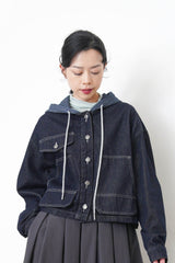 Patchwork denim crop jacket with hoodies