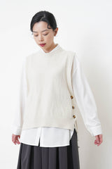Ivory knit botton vest with white shirt in set