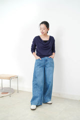 Navy silk soft loose collar top