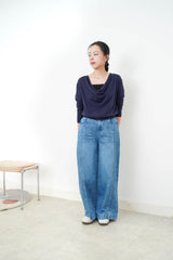 Navy silk soft loose collar top
