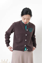 Brown double layering cardigan w/ contast embroidery