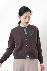 Brown double layering cardigan w/ contast embroidery