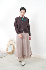 Brown double layering cardigan w/ contast embroidery