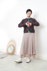 Brown double layering cardigan w/ contast embroidery