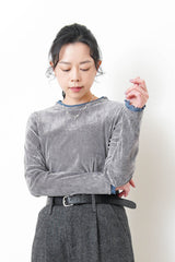 Light grey velvet top w/ contrast ruffle fringe