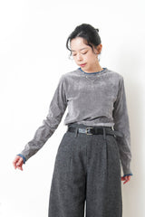 Light grey velvet top w/ contrast ruffle fringe