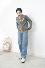 Grey double layering cardigan w/ contrast embroidery