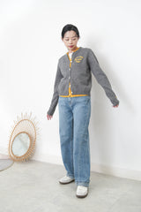 Grey double layering cardigan w/ contrast embroidery