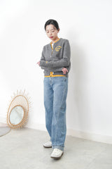 Grey double layering cardigan w/ contrast embroidery