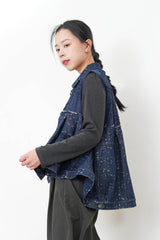 Denim vest w/ mesh fabric in peplum cut