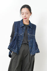 Denim vest w/ mesh fabric in peplum cut