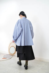 Blue stripes long shirt with contrast patchwork pockets