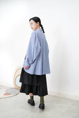 Blue stripes long shirt with contrast patchwork pockets