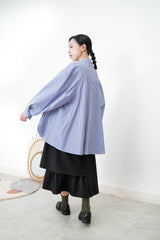 Blue stripes long shirt with contrast patchwork pockets