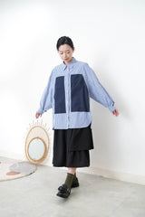 Blue stripes long shirt with contrast patchwork pockets