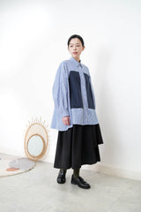 Blue stripes long shirt with contrast patchwork pockets