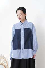 Blue stripes long shirt with contrast patchwork pockets