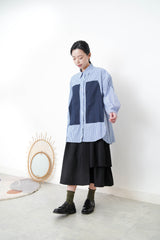 Blue stripes long shirt with contrast patchwork pockets