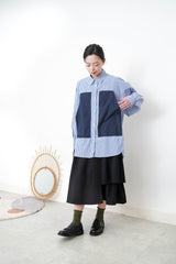 Blue stripes long shirt with contrast patchwork pockets