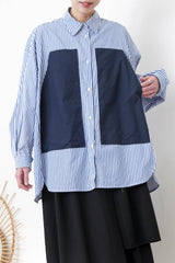 Blue stripes long shirt with contrast patchwork pockets