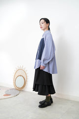Blue stripes long shirt with contrast patchwork pockets
