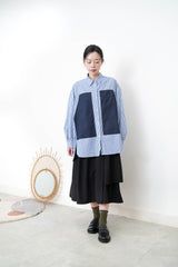 Blue stripes long shirt with contrast patchwork pockets