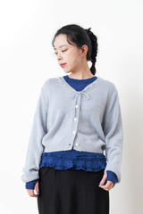 Grey blue soft wool cardigan w/ string