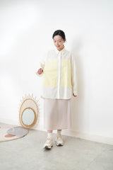 Cream long shirt with contrast patchwork pockets