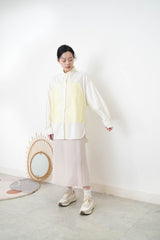 Cream long shirt with contrast patchwork pockets