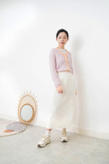 Pastel pink mohair cardigan w/ contrast fringe